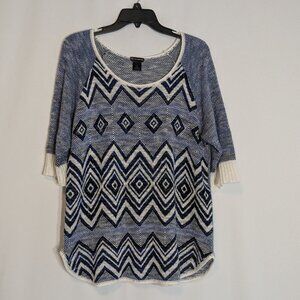 NEW DIRECTIONS Blue/White Chevron Soft Pullover Sweater; 1/2 Sleeves; Size XL